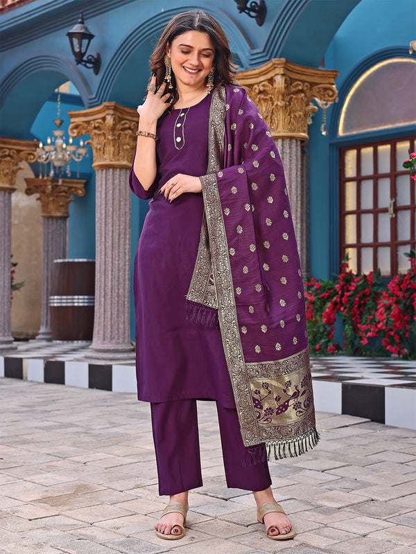 Malishka Women's Purple Cotton Silk Solid Straight Kurta Pant With Dupatta - Distacart