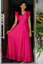 Thumbnail for Malishka Women's Pink Fully Stitched jacquard Woven Anarkali Gown - Distacart