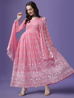 Thumbnail for Malishka Women's Pink Fully Stitched Georgette Embroidered Anarkali Gown