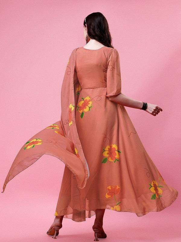 Malishka Women's Beige Fully Stitched Georgette Printed Anarkali Gown - Distacart