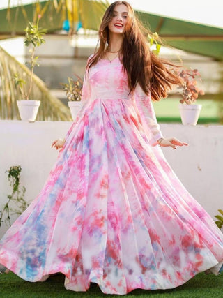Malishka Women's Pink Fully Stitched Georgette Printed Anarkali Gown - Distacart