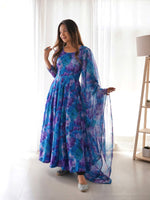 Thumbnail for Malishka Women's Blue Fully Stitched Georgette Printed Anarkali Gown