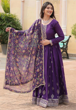 Malishka Women's Purple Fully Stitched Georgette Embroidered Anarkali Gown
