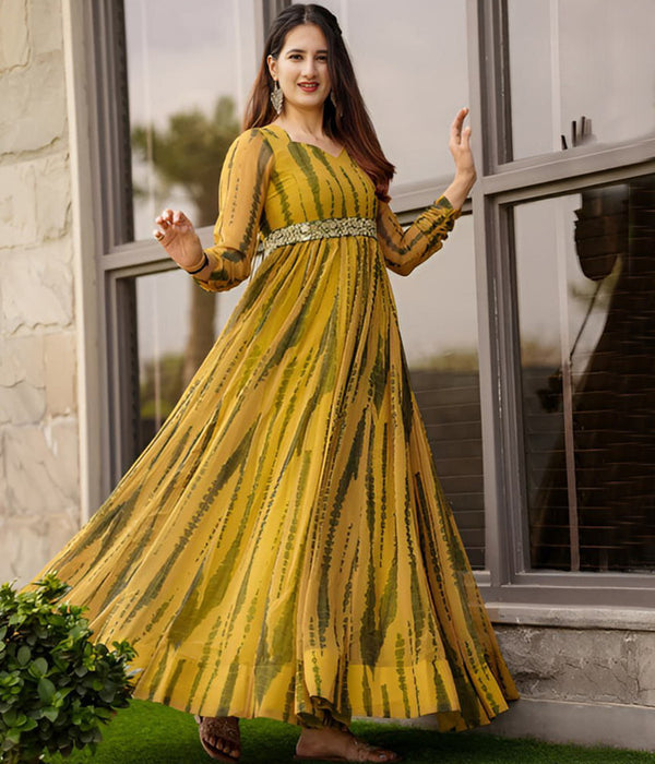 Malishka Women's Yellow Fully Stitched Georgette Printed Anarkali Gown - Distacart