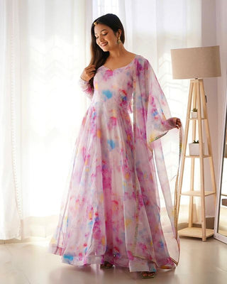 Malishka Women's Pink Fully Stitched Georgette Printed Anarkali Gown - Distacart
