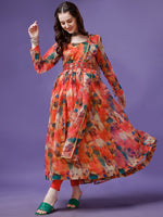 Thumbnail for Malishka Women's Orange Fully Stitched Georgette Printed Anarkali Gown - Distacart