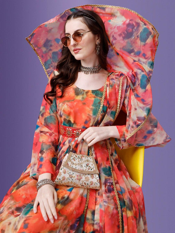 Malishka Women's Orange Fully Stitched Georgette Printed Anarkali Gown - Distacart