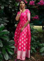 Thumbnail for Malishka Women's Pink Fully Stitched Jacquard Woven Anarkali Gown - Distacart