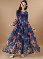 Thumbnail for Malishka Women's Blue Fully Stitched Georgette Embroidered Anarkali Gown - Distacart