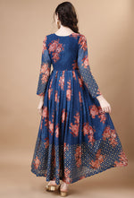 Thumbnail for Malishka Women's Blue Fully Stitched Georgette Embroidered Anarkali Gown - Distacart