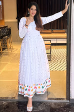 Thumbnail for Malishka Women's White Fully Stitched Georgette Embroidered Anarkali Gown