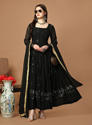 Malishka Women's Black Fully Stitched Georgette Embroidered Anarkali Gown