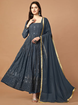 Malishka Women's Grey Fully Stitched Georgette Embroidered Anarkali Gown