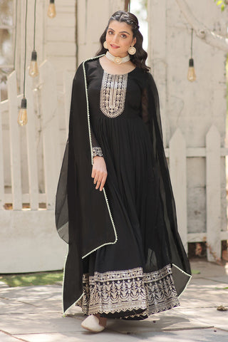 Malishka Women's Black Fully Stitched Georgette Embroidered Anarkali Gown - Distacart