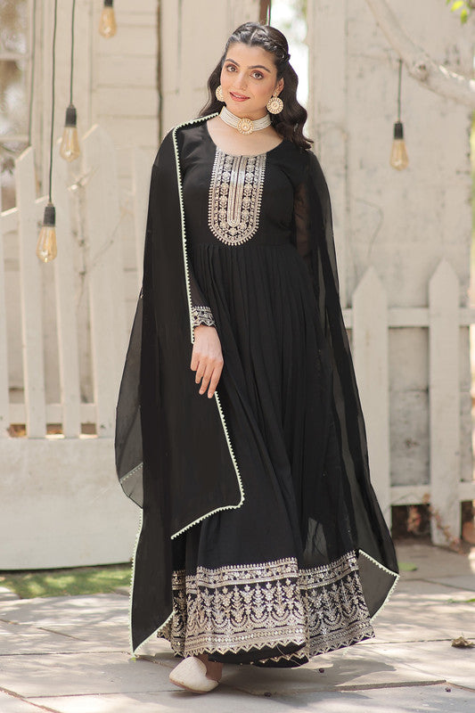 Malishka Women's Black Fully Stitched Georgette Embroidered Anarkali Gown - Distacart