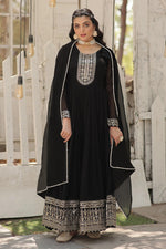 Thumbnail for Malishka Women's Black Fully Stitched Georgette Embroidered Anarkali Gown - Distacart