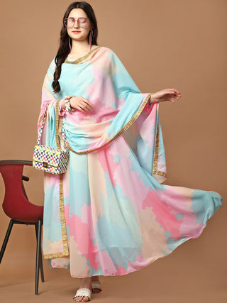 Malishka Women's Multicolour Fully Stitched Georgette Printed Anarkali Gown - Distacart
