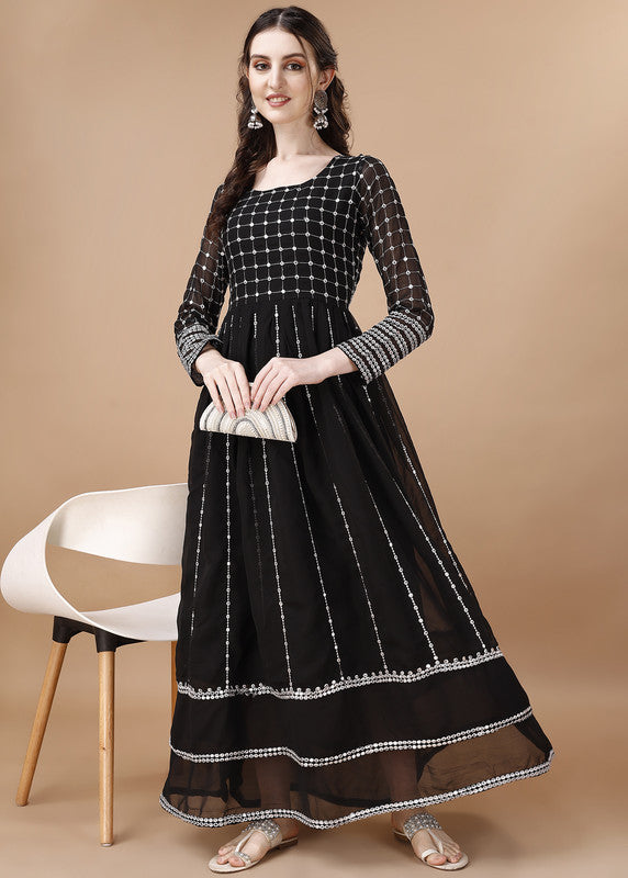 Malishka Women's Black Fully Stitched Georgette Embroidered Anarkali Gown - Distacart