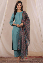 Thumbnail for Malishka Women's Sky Blue Roman Silk Solid Straight Kurta Pant With Dupatta - Distacart