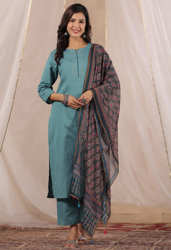 Malishka Women's Sky Blue Roman Silk Solid Straight Kurta Pant With Dupatta - Distacart