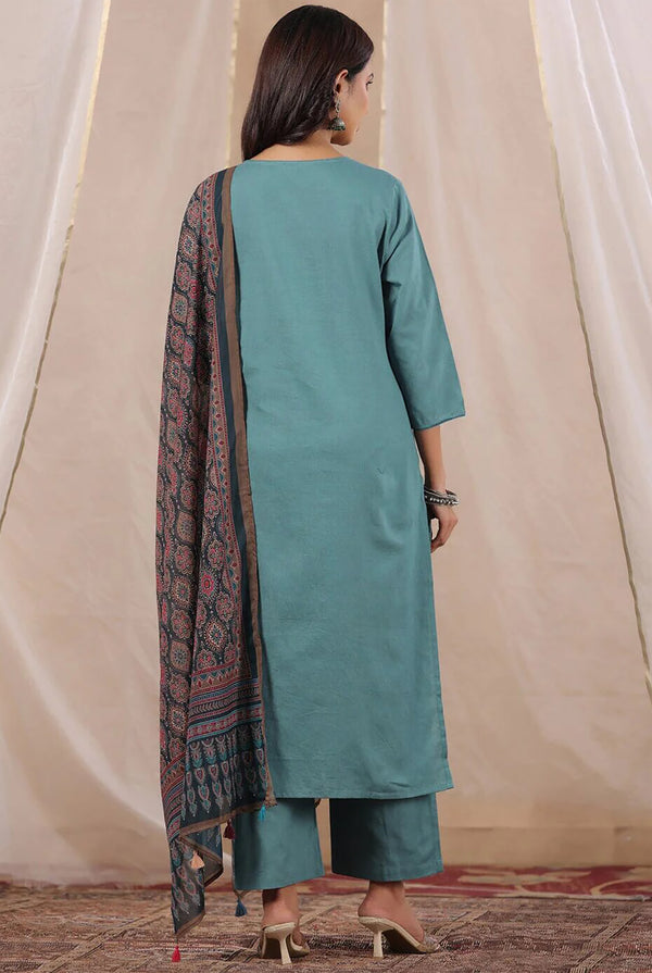 Malishka Women's Sky Blue Roman Silk Solid Straight Kurta Pant With Dupatta - Distacart