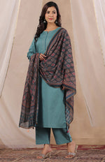 Thumbnail for Malishka Women's Sky Blue Roman Silk Solid Straight Kurta Pant With Dupatta - Distacart