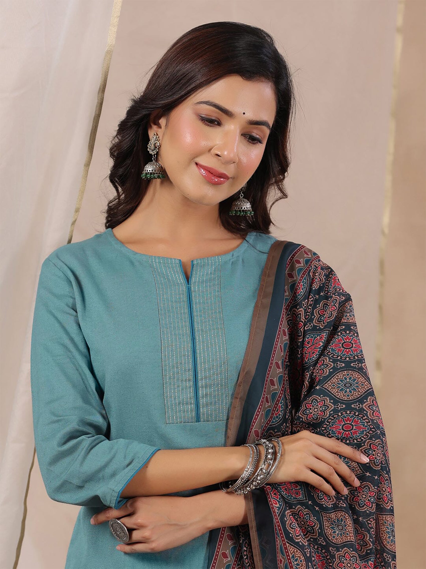 Malishka Women's Sky Blue Roman Silk Solid Straight Kurta Pant With Dupatta - Distacart