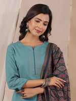Thumbnail for Malishka Women's Sky Blue Roman Silk Solid Straight Kurta Pant With Dupatta - Distacart