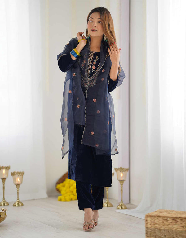Malishka Women's Navy Blue Velvet Embroidered Straight Kurta Pant With Dupatta - Distacart
