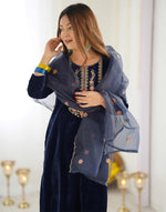 Thumbnail for Malishka Women's Navy Blue Velvet Embroidered Straight Kurta Pant With Dupatta - Distacart