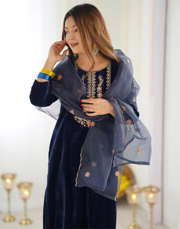 Malishka Women's Navy Blue Velvet Embroidered Straight Kurta Pant With Dupatta - Distacart