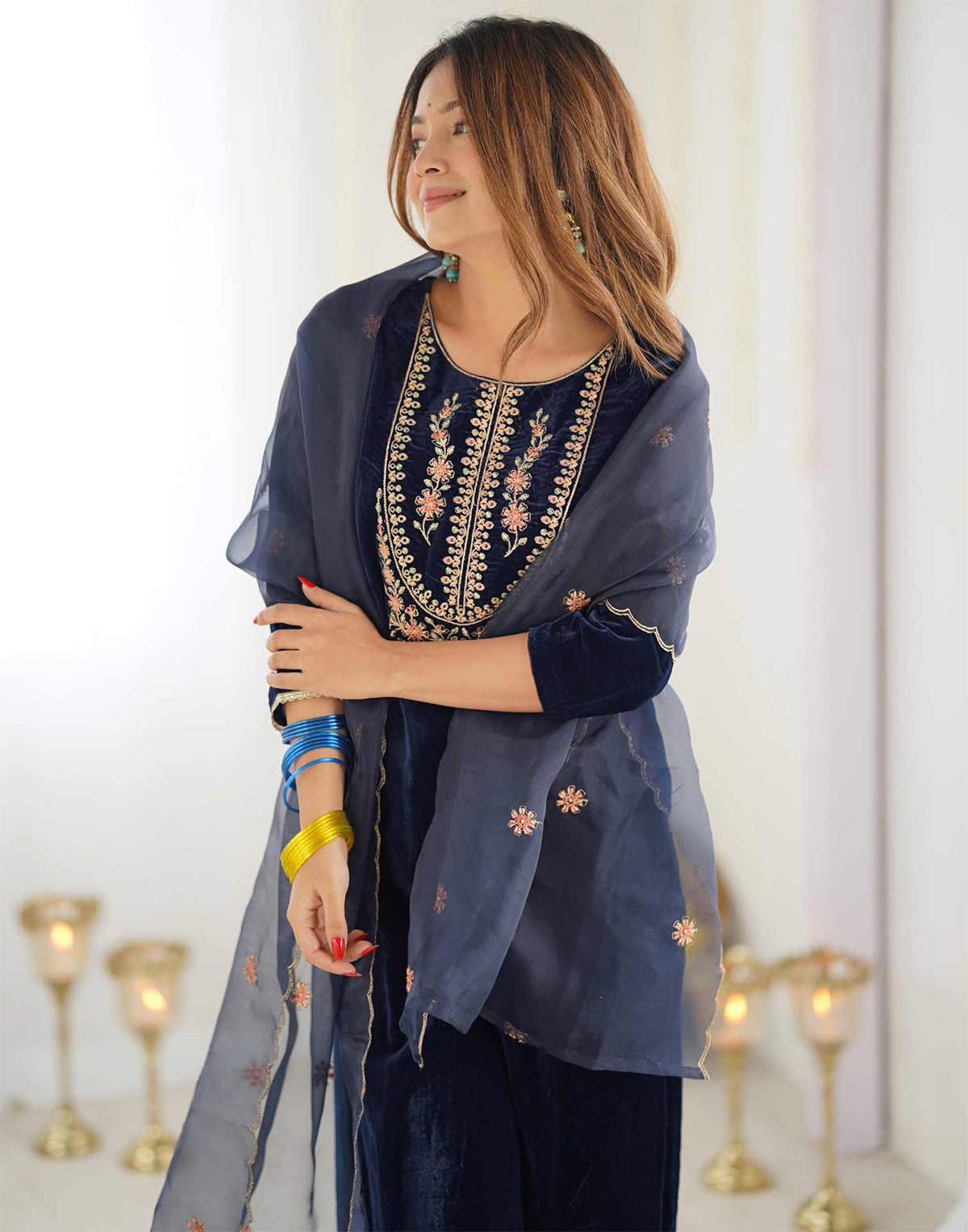 Malishka Women's Navy Blue Velvet Embroidered Straight Kurta Pant With Dupatta - Distacart