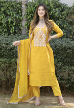 Thumbnail for Malishka Women's Yellow Cotton Silk Embroidered Straight Kurta Pant With Dupatta - Distacart