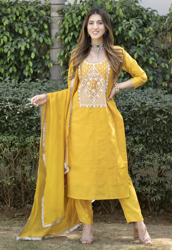 Malishka Women's Yellow Cotton Silk Embroidered Straight Kurta Pant With Dupatta - Distacart
