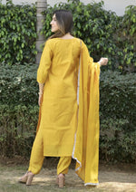 Thumbnail for Malishka Women's Yellow Cotton Silk Embroidered Straight Kurta Pant With Dupatta - Distacart