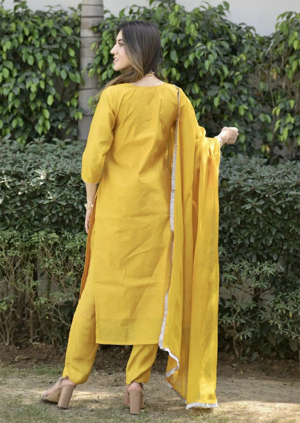 Malishka Women's Yellow Cotton Silk Embroidered Straight Kurta Pant With Dupatta - Distacart