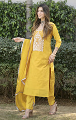 Thumbnail for Malishka Women's Yellow Cotton Silk Embroidered Straight Kurta Pant With Dupatta - Distacart