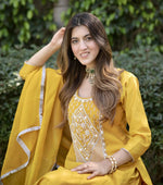 Thumbnail for Malishka Women's Yellow Cotton Silk Embroidered Straight Kurta Pant With Dupatta - Distacart