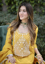 Thumbnail for Malishka Women's Yellow Cotton Silk Embroidered Straight Kurta Pant With Dupatta - Distacart