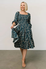 Thumbnail for Malishka Women's Green Crepe Printed Fit & Flared Midi Dress - Distacart