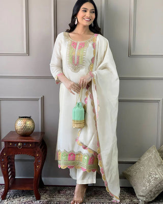 Malishka Women's White Silk Embroidered Straight Kurta Pant With Dupatta - Distacart