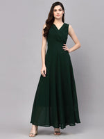 Thumbnail for Malishka Women's Green Georgette Solid Fit & Flared Midi Dress - Distacart