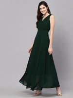 Thumbnail for Malishka Women's Green Georgette Solid Fit & Flared Midi Dress - Distacart