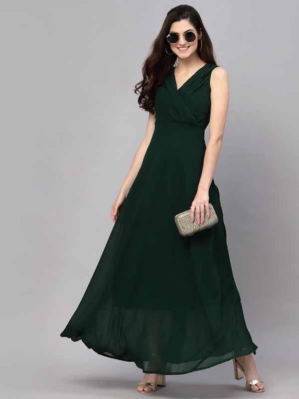 Malishka Women's Green Georgette Solid Fit & Flared Midi Dress - Distacart