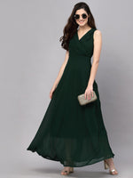 Thumbnail for Malishka Women's Green Georgette Solid Fit & Flared Midi Dress - Distacart