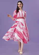 Thumbnail for Malishka Women's White Georgette Digital Print Fit & Flared Midi Dress - Distacart