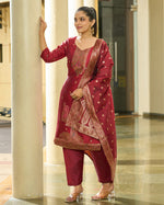 Thumbnail for Malishka Women's Maroon jacquard Silk Woven Straight Kurta Pant With Dupatta - Distacart