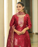 Thumbnail for Malishka Women's Maroon jacquard Silk Woven Straight Kurta Pant With Dupatta - Distacart