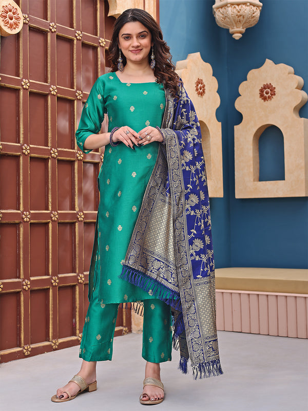 Malishka Women's Rama jacquard Silk Woven Straight Kurta Pant With Dupatta - Distacart