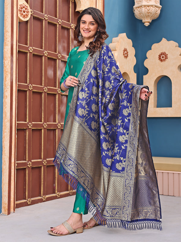 Malishka Women's Rama jacquard Silk Woven Straight Kurta Pant With Dupatta - Distacart